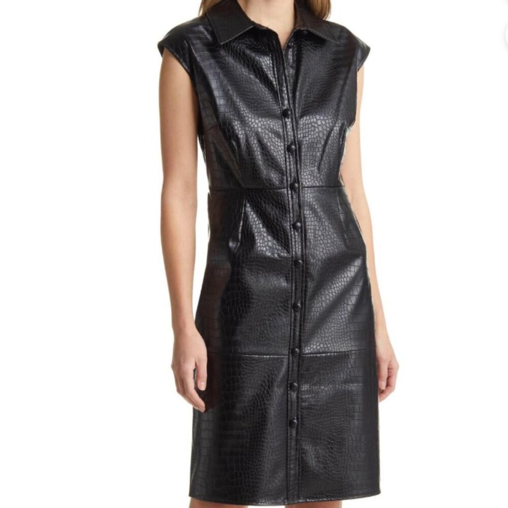 Halogen Croc Embossed Faux Leather Black Sleeveless Shirt dress Small